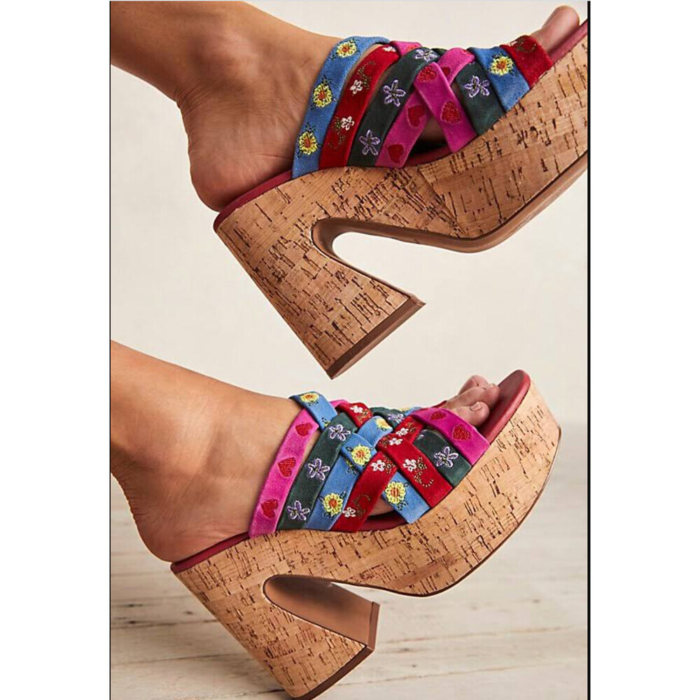 Free People Lisbon Platform Mules Strappy Colourful Suede 39 - Picture 5 of 11